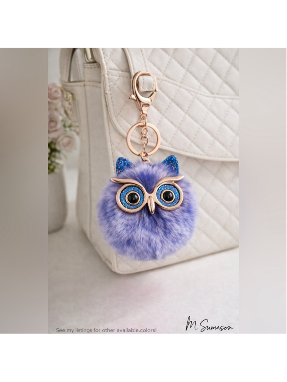NEW Fluffy Owl Pom Keychain Charm Frosted Blue White Gold